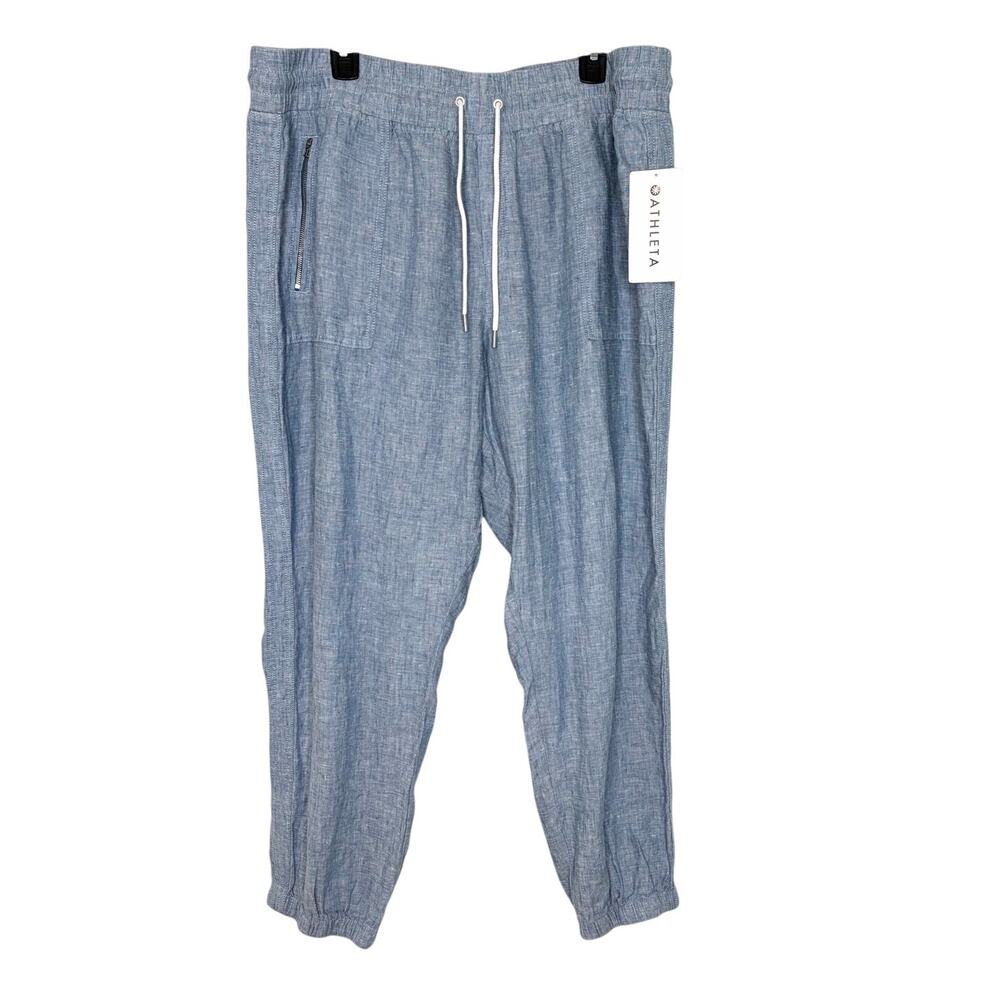 Athleta Cabo Linen Jogger Pants Sz 20 Chambray Blue Drawstring Zip Pockets NWT